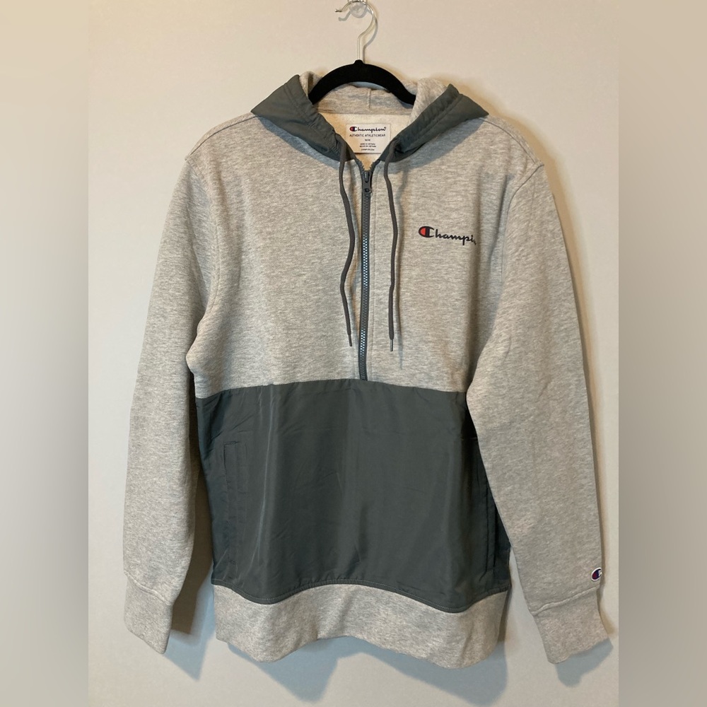 Champion Men's Fleece Woven-Mix Half Zip Two Tone Hoodie Jacket Gray Small
